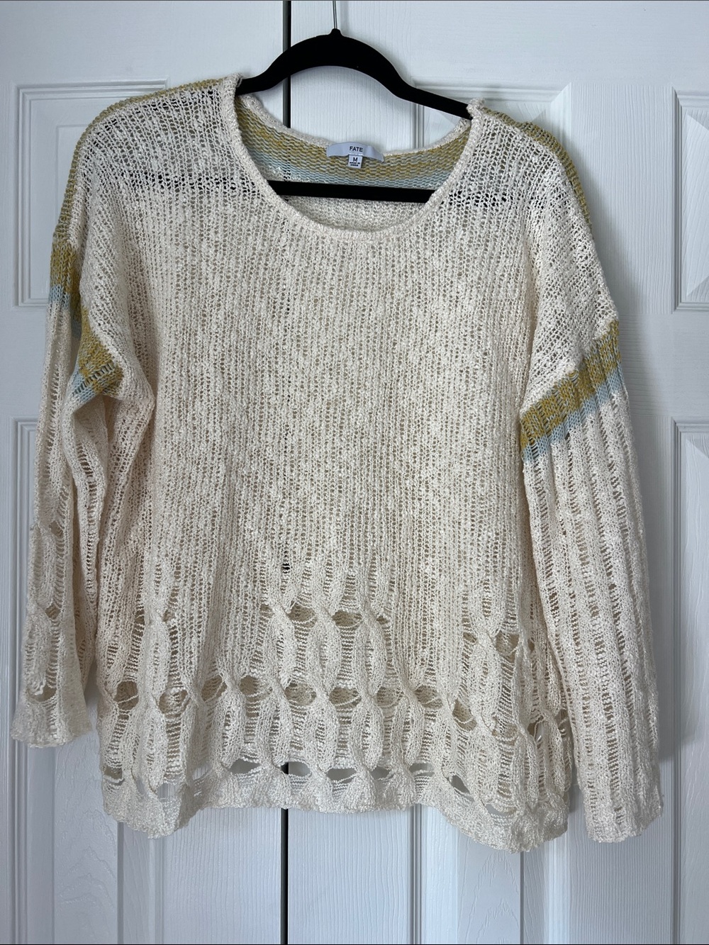 Fate Cream Open-Weave Scoop Neck Sweater with Yellow and Blue Sleeve Stripes